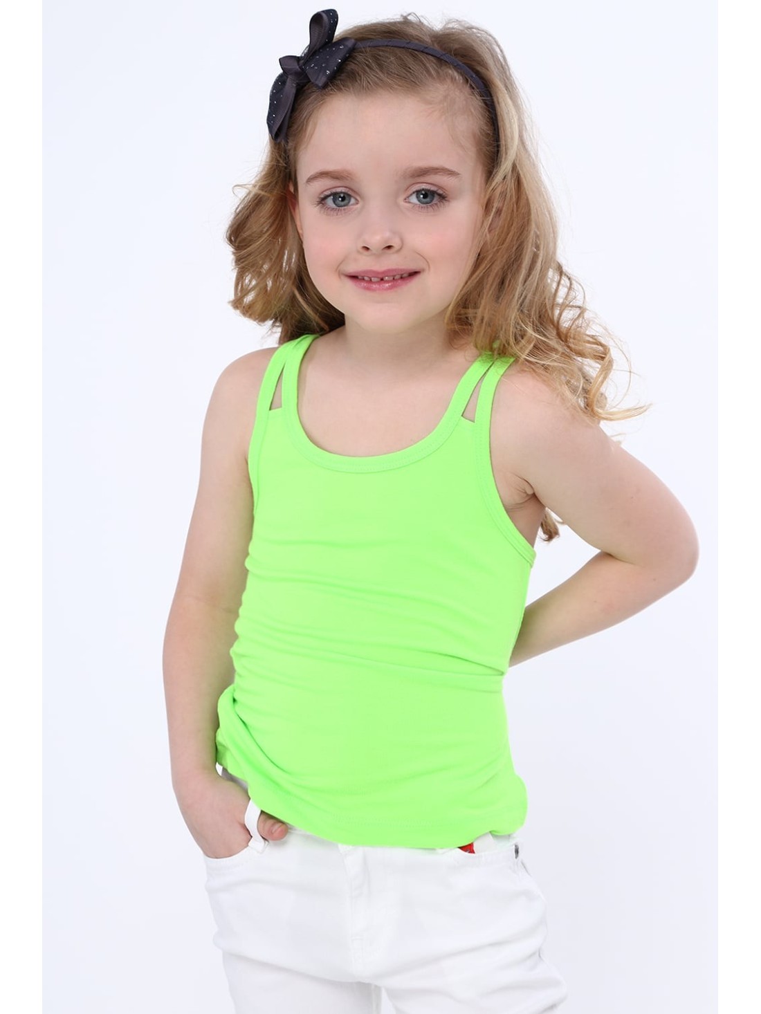 Tricou fete cu bretele duble verde fluo NDZ7772 - Magazin online - Boutique